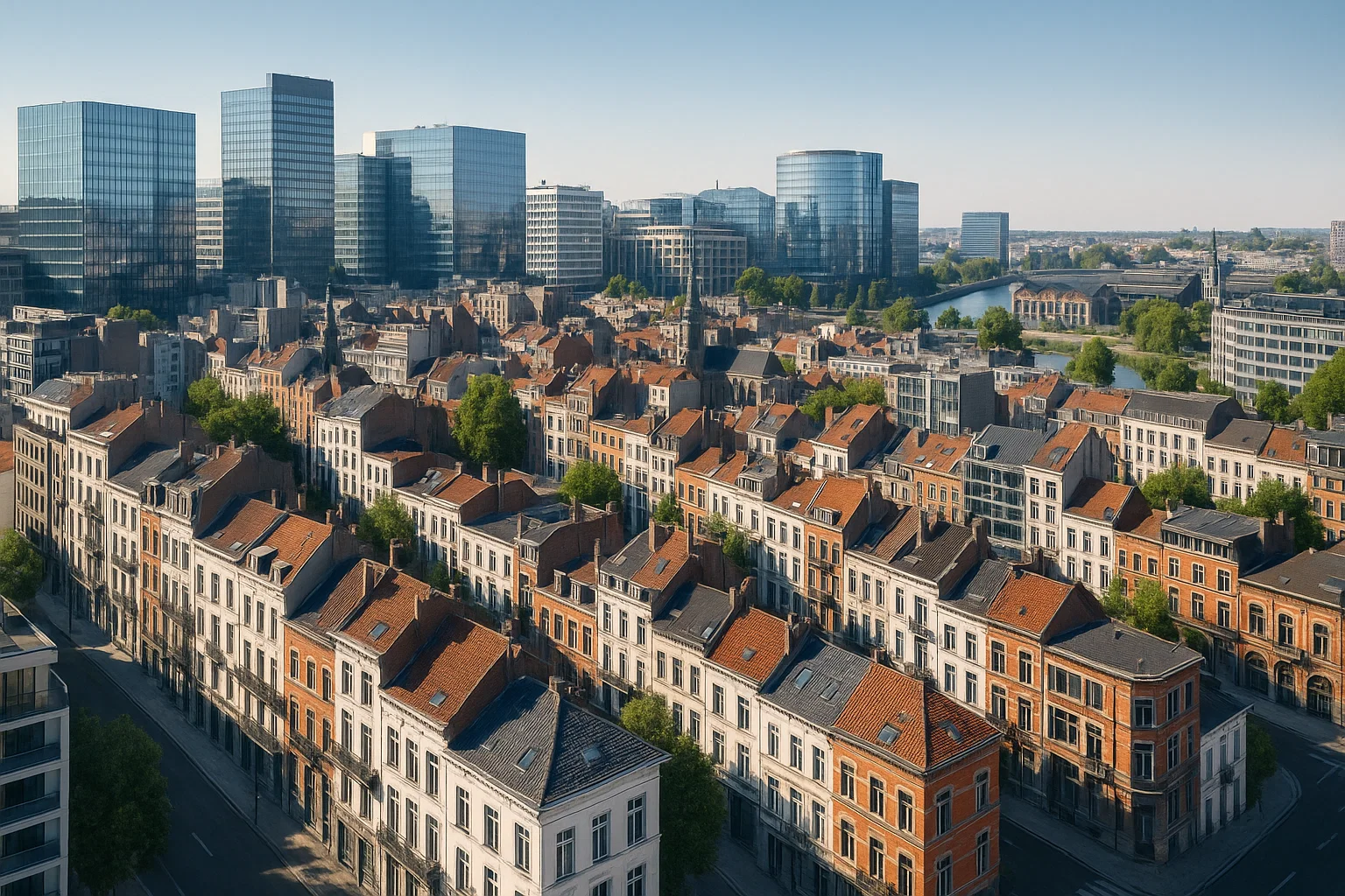 Vue photoréaliste de l’immobilier résidentiel et commercial moderne à Bruxelles, avec bâtiments rénovés et quartiers dynamiques.