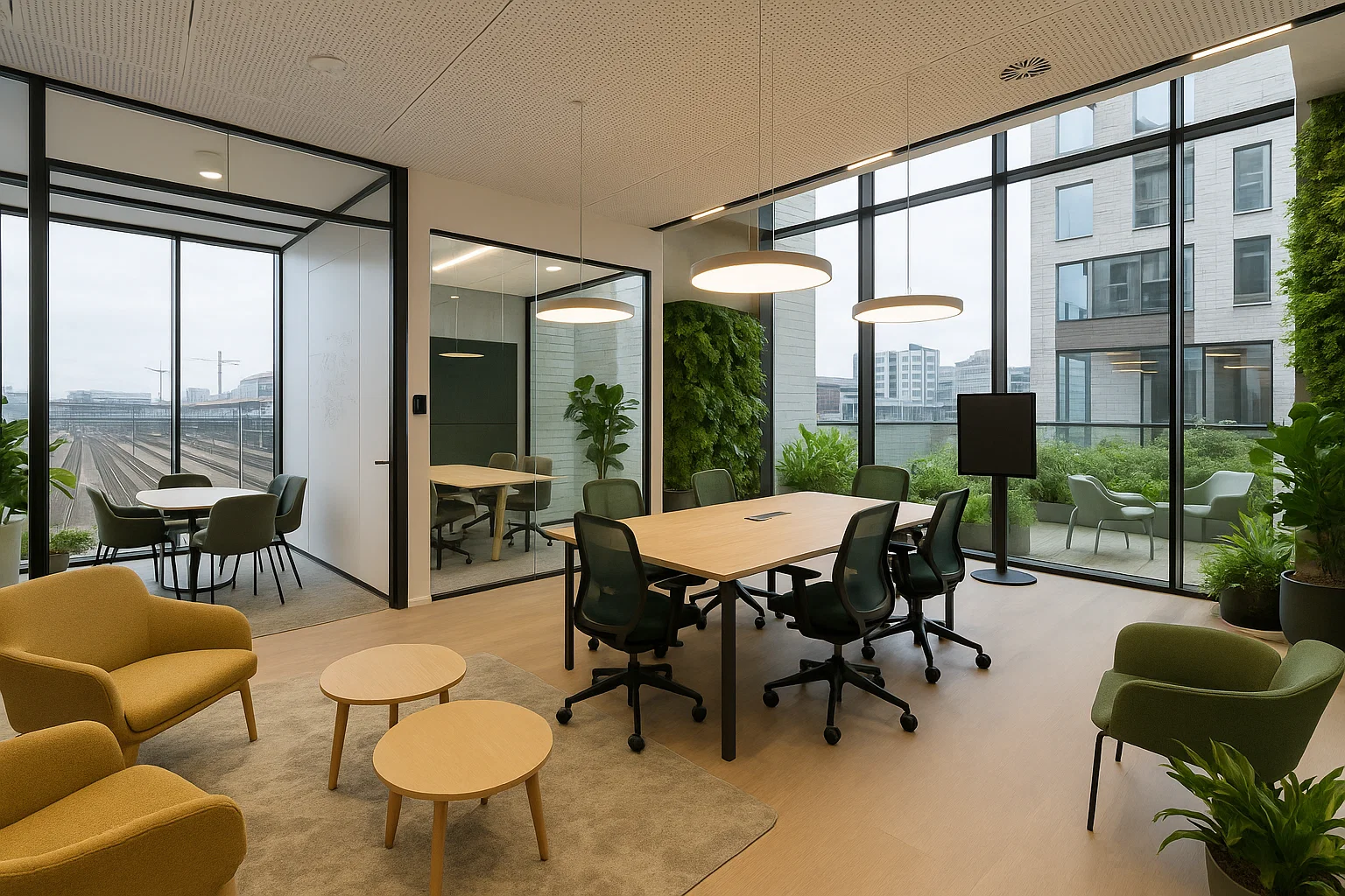 Centre d’affaires nouvelle génération avec bureaux privés insonorisés, zones partagées modernes, technologie intelligente et design végétalisé, situé dans un quartier innovant proche d’une gare.