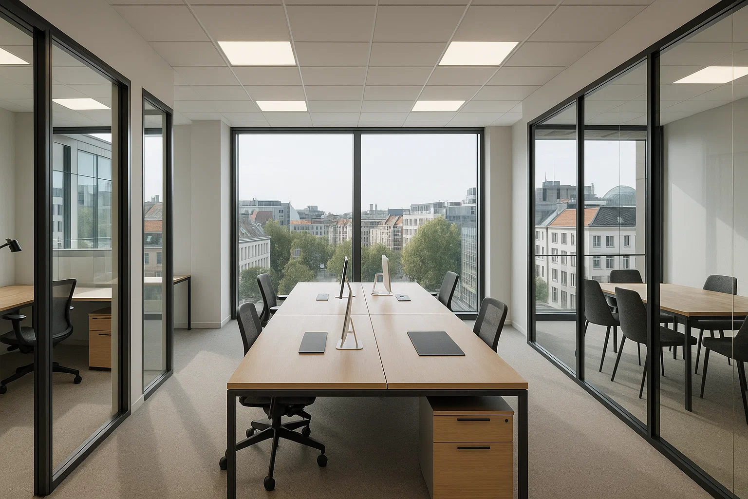 Vue photoréaliste d’un bureau moderne en Belgique avec espaces privés et coworking, mobilier ergonomique et lumière naturelle.