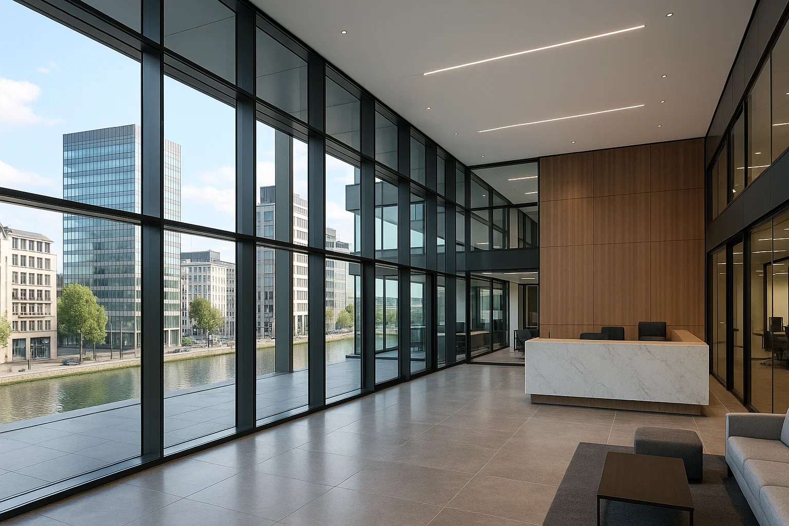 Centre d’affaires haut de gamme en Belgique avec bureaux privés, vue prestigieuse et espaces partagés élégants.