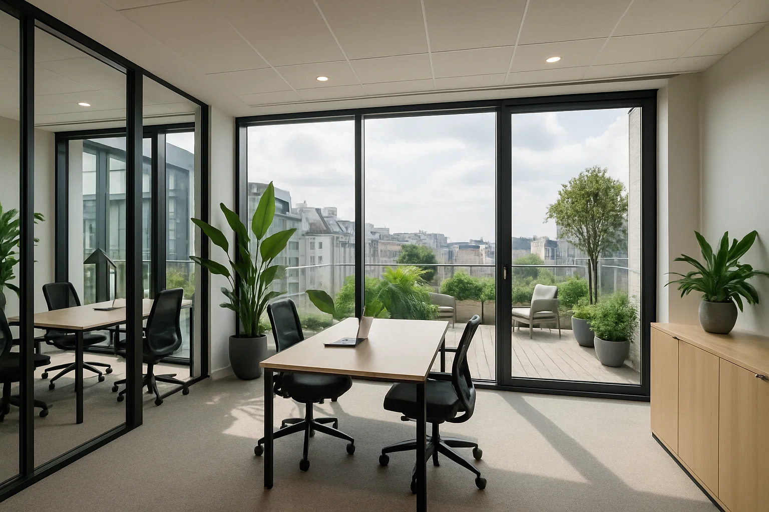 Centre d’affaires moderne à Bruxelles avec bureaux lumineux, mobilier ergonomique et terrasse végétalisée.