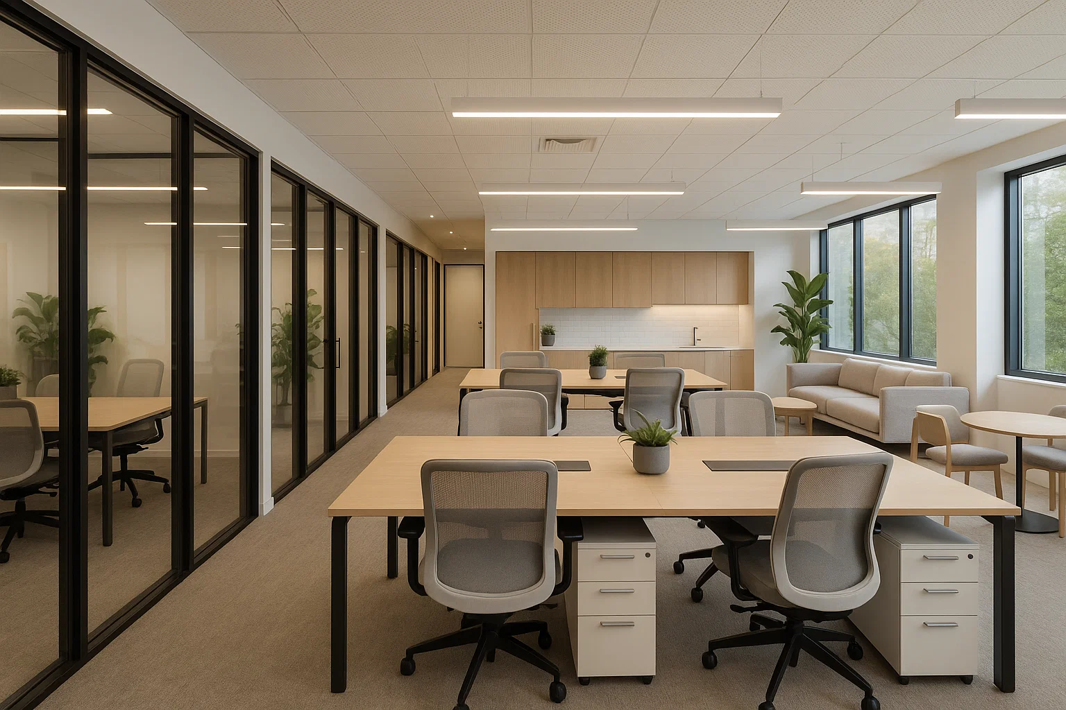 Centre d’affaires moderne et lumineux avec bureaux privés, espaces partagés et design écoresponsable.