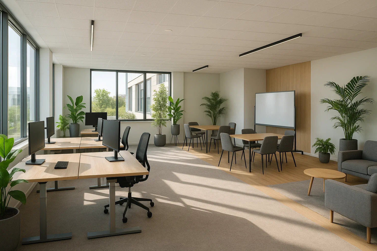 Bureau moderne en France avec design ergonomique, lumière naturelle et espaces de détente favorisant bien-être et productivité.