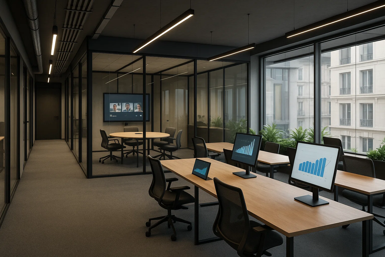 Intérieur d’un bureau moderne en France avec salles de réunion connectées, espaces de coworking et design technologique innovant.