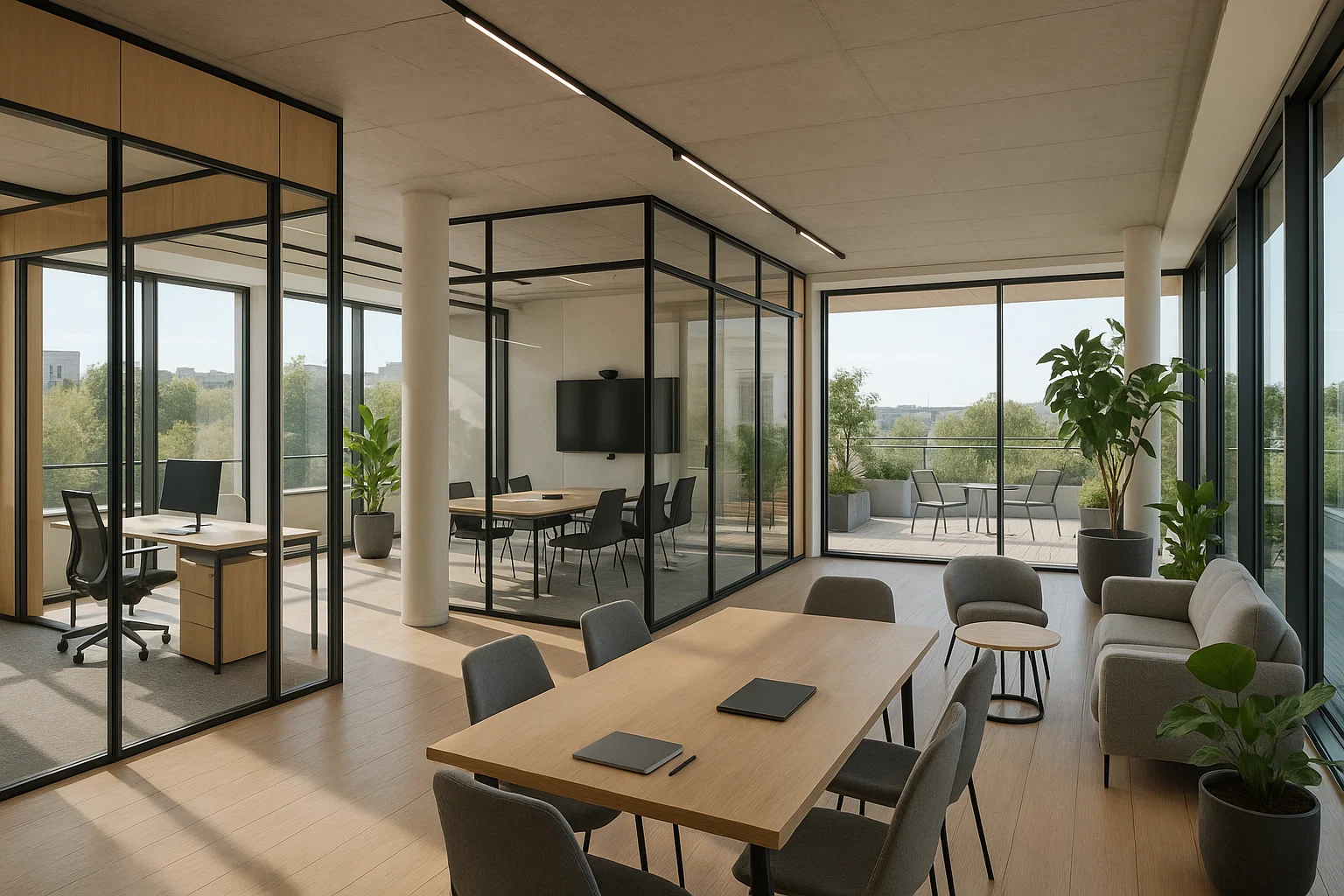 Intérieur moderne de centre d’affaires avec bureaux ergonomiques, salles vitrées équipées et espaces collaboratifs lumineux.
