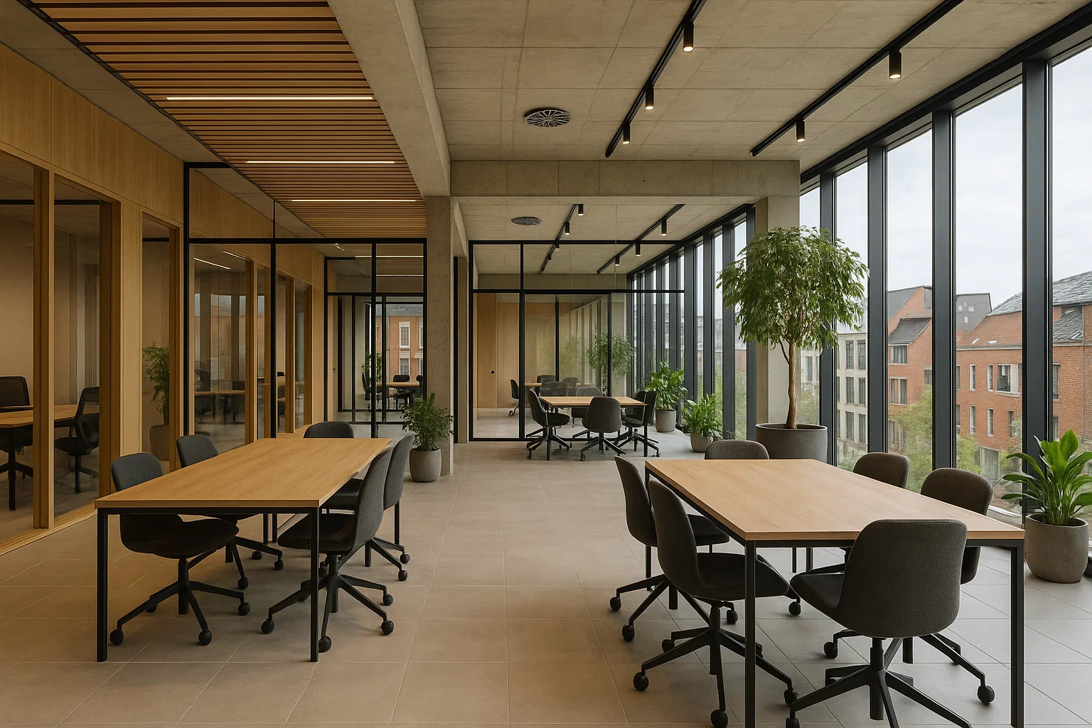 Intérieur moderne de centre d’affaires avec bureaux privés et espaces de coworking à Gand ou Louvain.
