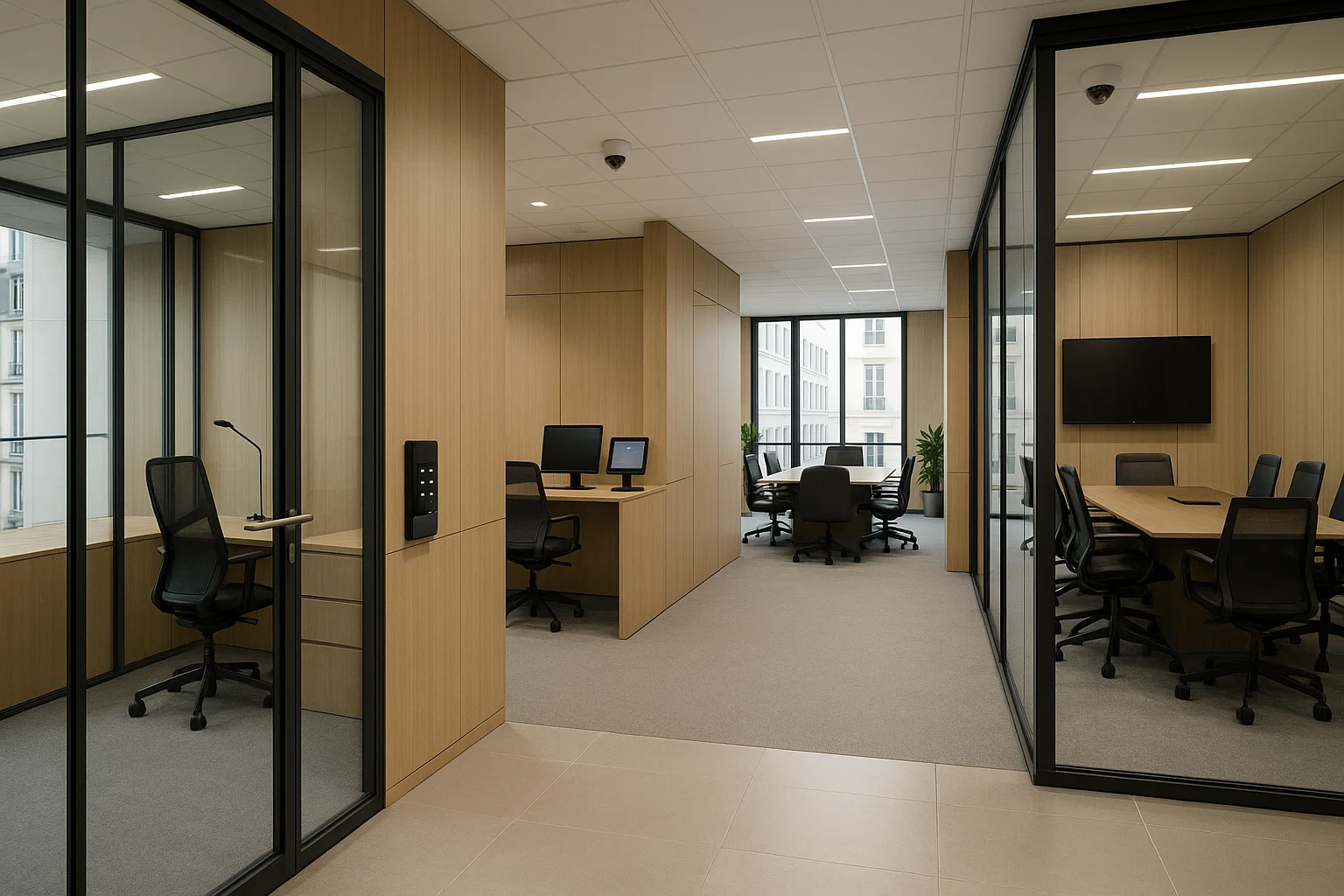 Intérieur moderne de centre d’affaires sécurisé avec bureaux vitrés, contrôle d’accès digital et équipements technologiques.