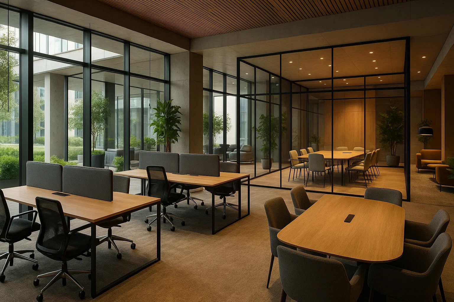 Intérieur moderne et lumineux d’un centre d’affaires en Belgique avec bureaux modulables et espaces collaboratifs.