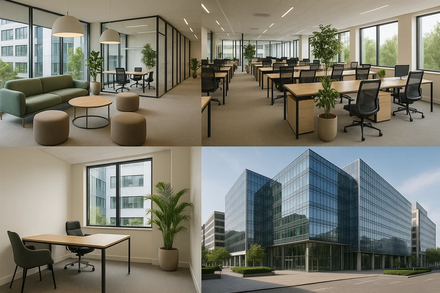 Bureaux modernes en Belgique avec espaces de coworking, bureaux privés et design durable favorisant productivité et bien-être