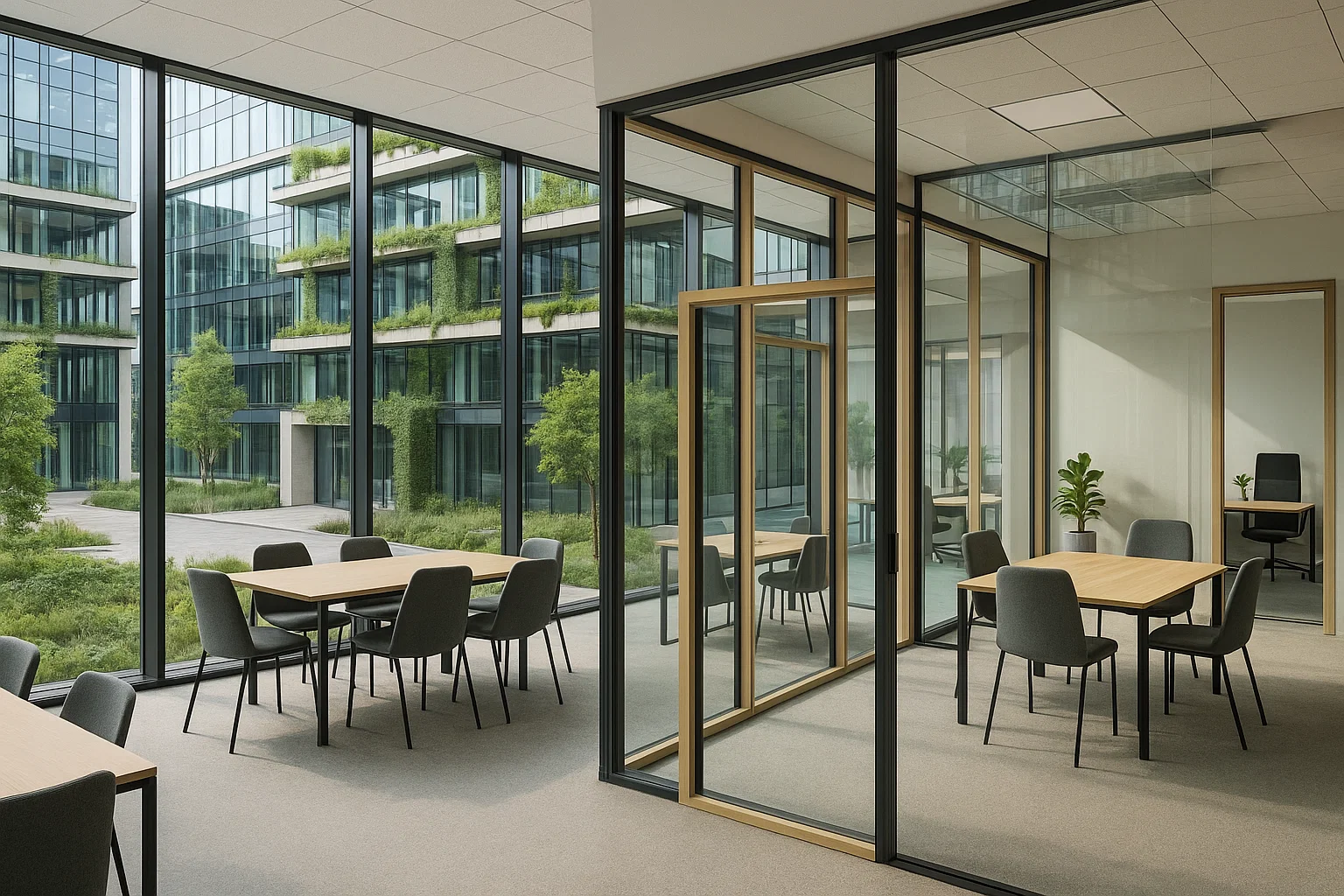 Espaces de bureaux modernes en Belgique avec bureaux privés, coworking et design durable illustrant flexibilité et innovation des baux