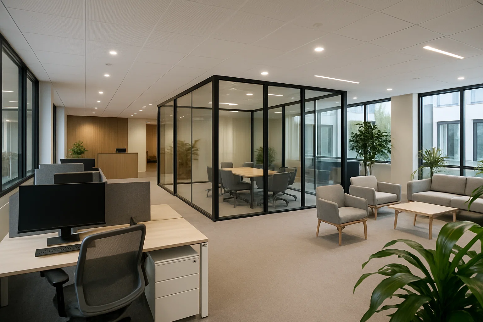 Intérieur d’un centre d’affaires moderne avec bureaux ergonomiques, salles de réunion équipées, espaces de détente et aménagement durable favorisant productivité et bien-être.