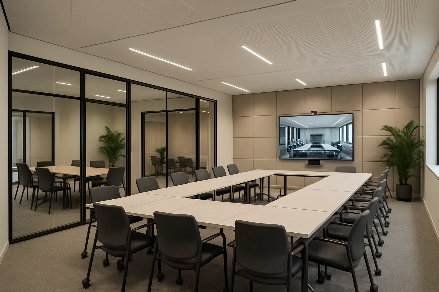 Salle de réunion moderne dans un centre d’affaires belge avec mobilier ergonomique, technologie de visioconférence et aménagement flexible favorisant productivité et collaboration.