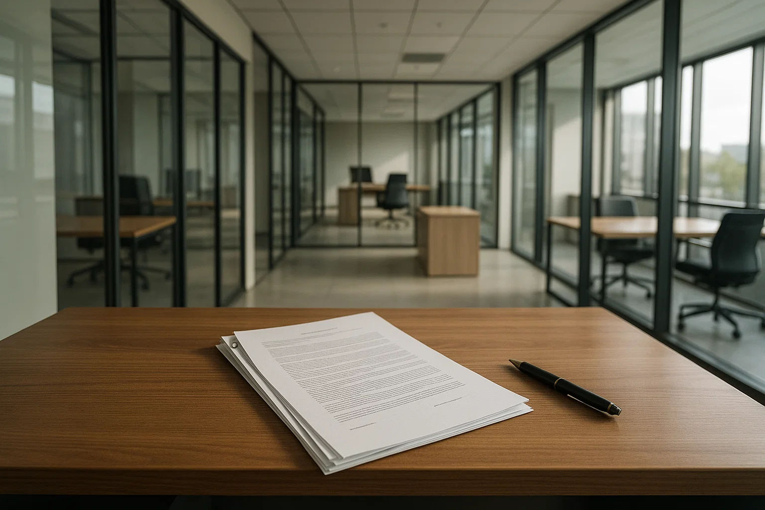 Bureau moderne dans un centre d’affaires avec documents juridiques sur un bureau en bois, lumière naturelle et design minimaliste.