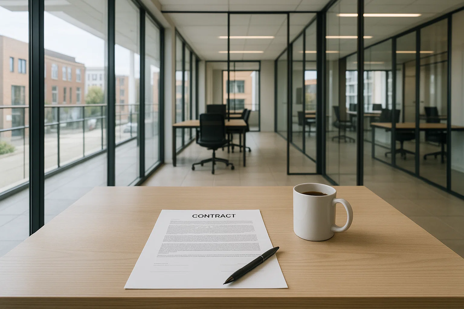Image photoréaliste d’un bureau moderne en Belgique avec des documents de contrat et un stylo posés sur un bureau baigné de lumière naturelle.