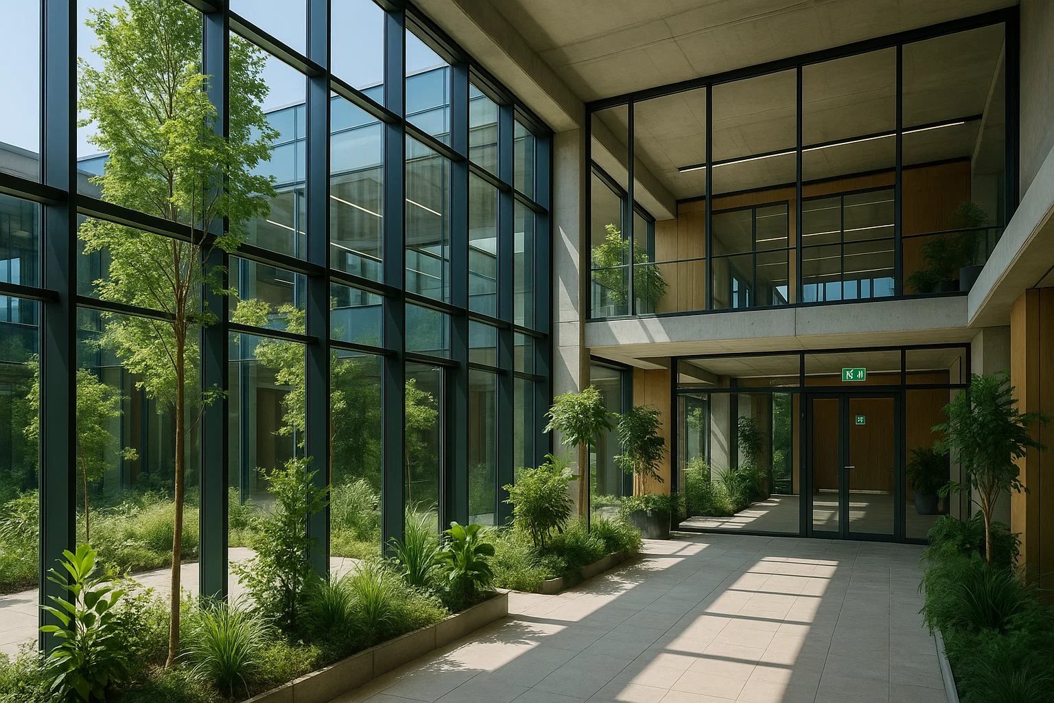 Image photoréaliste d’un immeuble de bureaux moderne et durable en Belgique, avec façade vitrée, signalétique de sécurité et espaces lumineux.