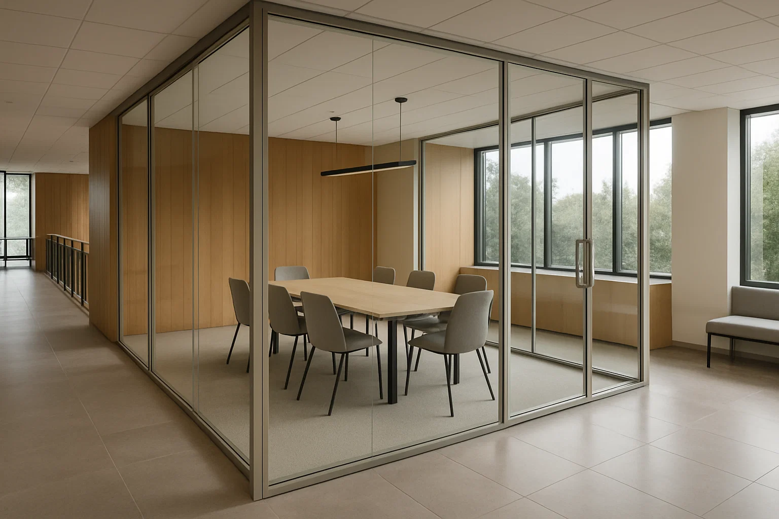 Salle de réunion lumineuse dans un centre d’affaires moderne, avec mobilier minimaliste, murs vitrés et ambiance professionnelle.