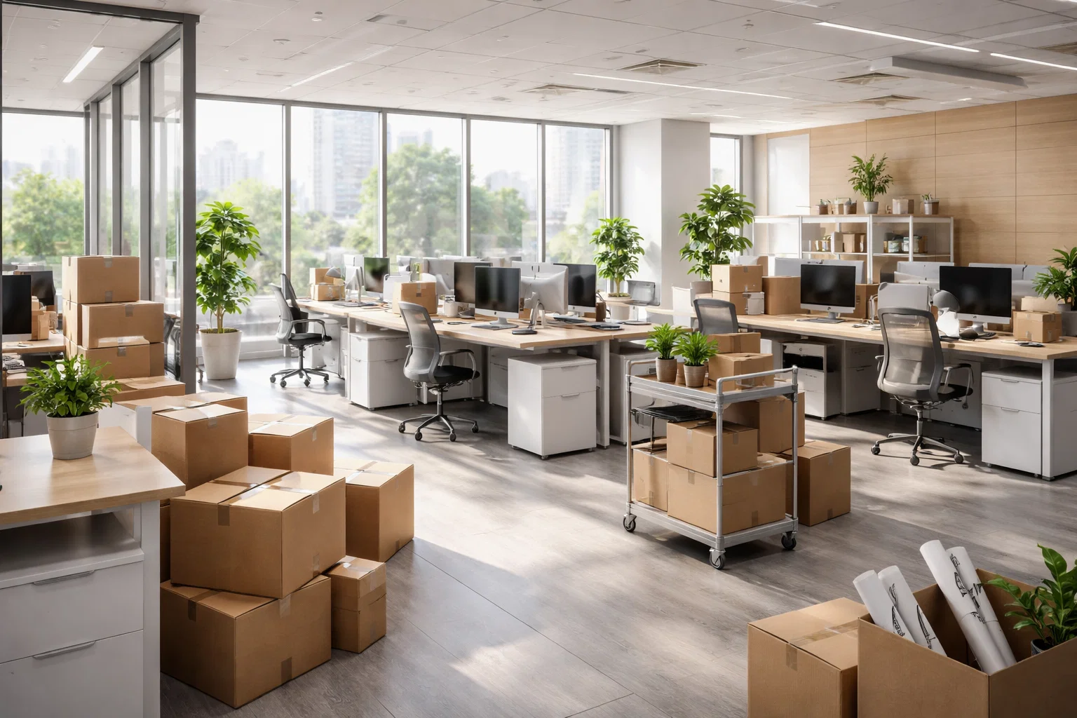 Espace de bureaux moderne prêt pour une transition professionnelle.