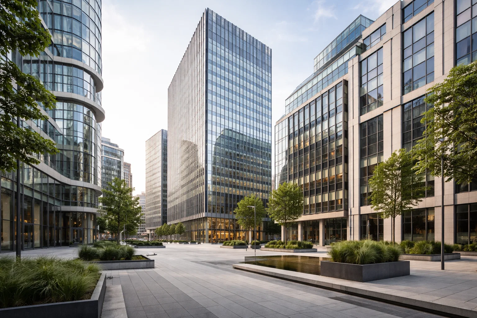 Immeubles de bureaux modernes dans un quartier d’affaires urbain.