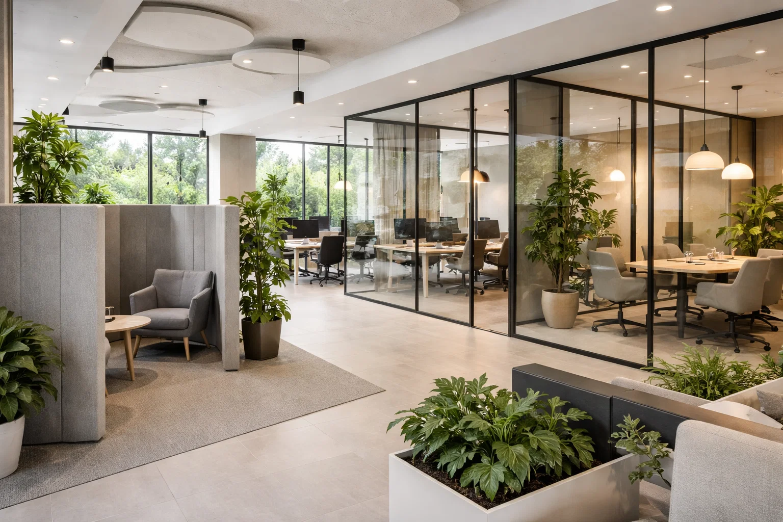 Open space moderne en Belgique avec zones calmes et cloisons vitrées