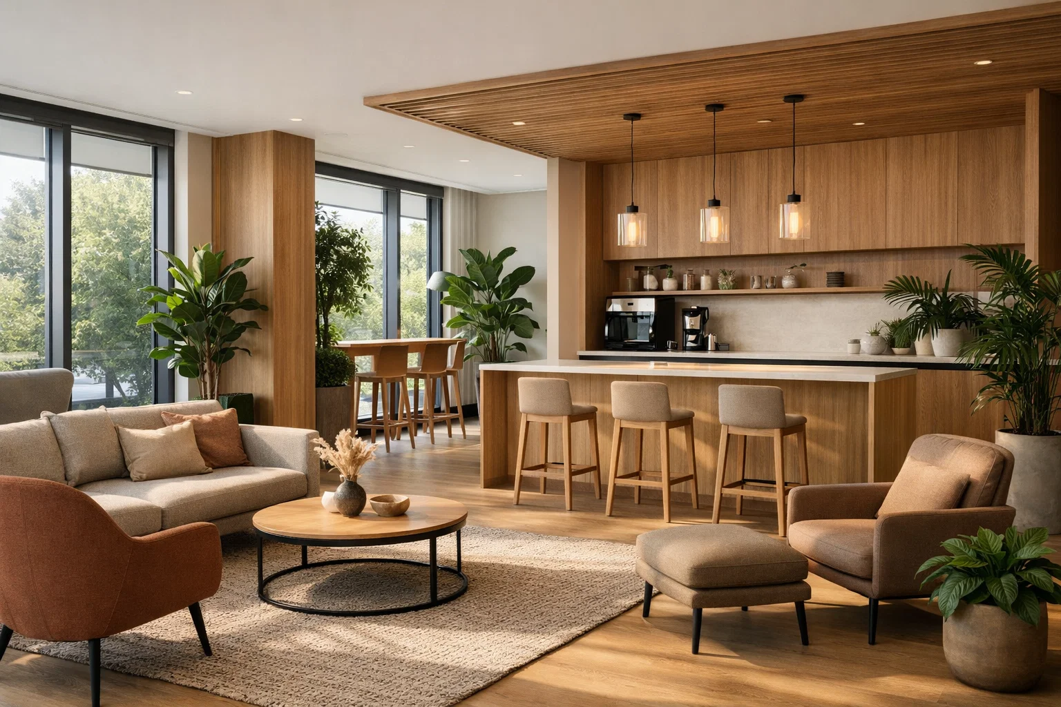 Espace de pause lumineux dans un bureau moderne en Belgique, avec salon confortable et plantes.