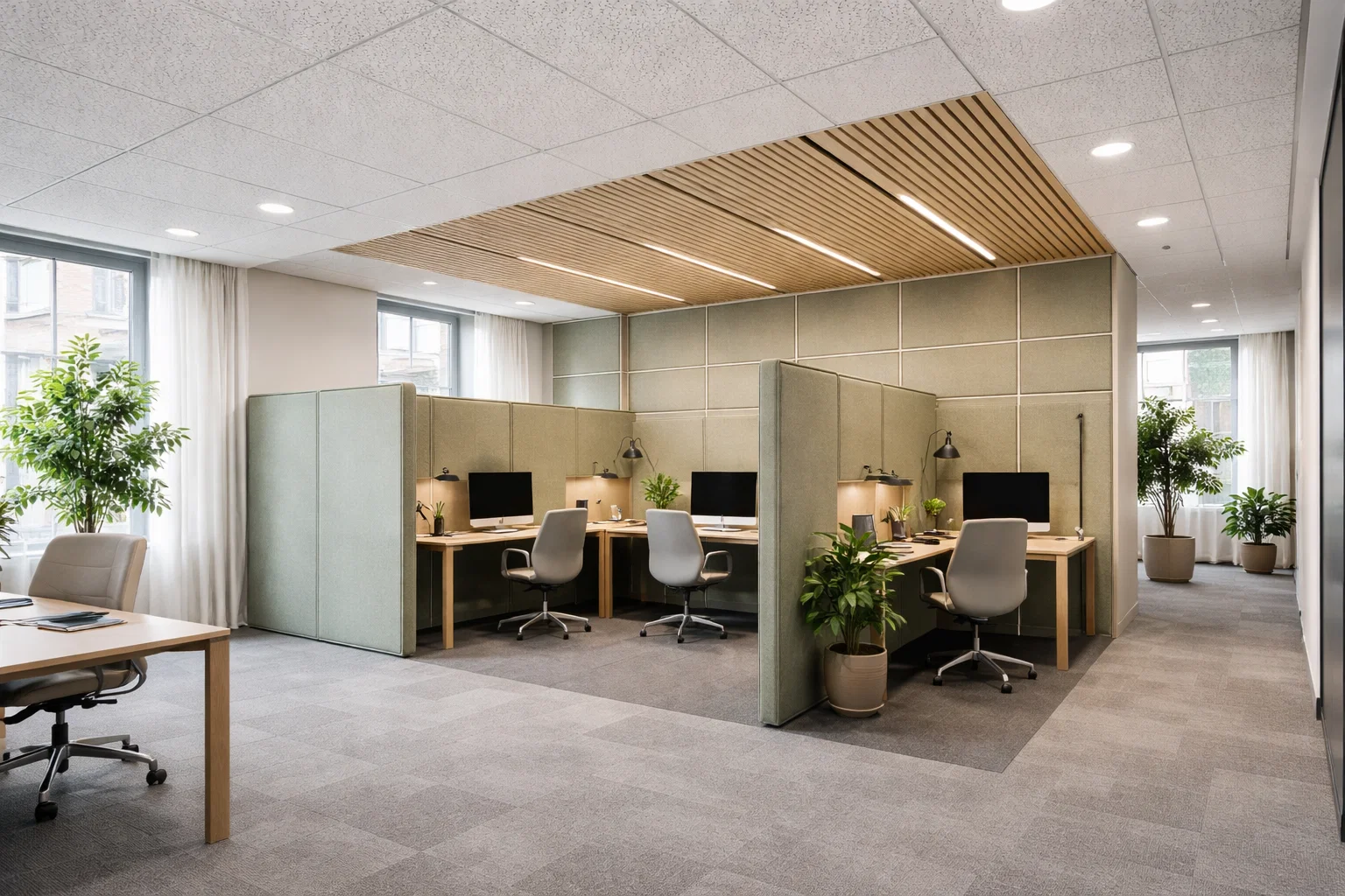 Zone focus avec panneaux acoustiques et lumière naturelle douce.